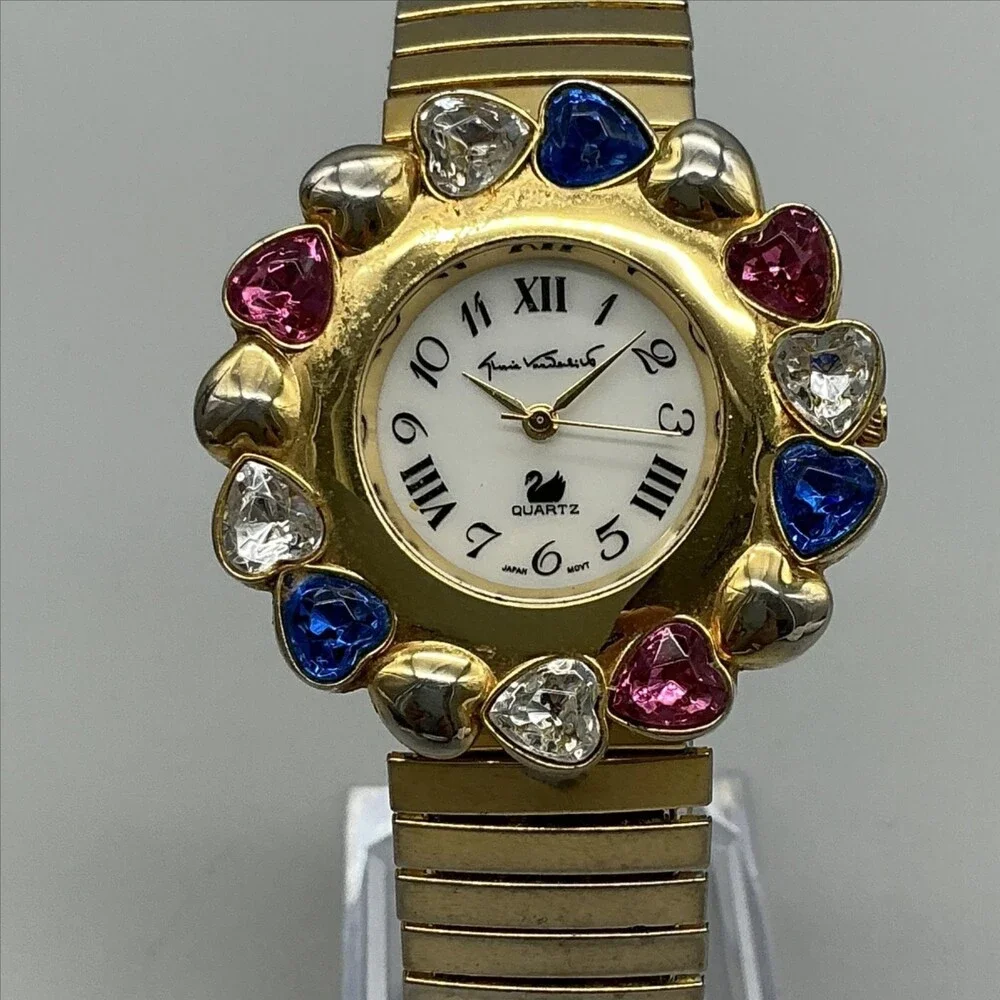 Vtg Gloria Vanderbilt V3700 Womens Watch 40mm Gold Heart Crystals New Battery